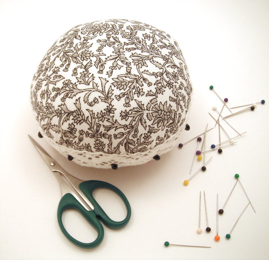 Pincushion- Black and White Wild Flower Foliage Print Cotton Handmade