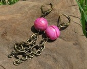 Pink Agate and Antique Brass Dangle Earrings