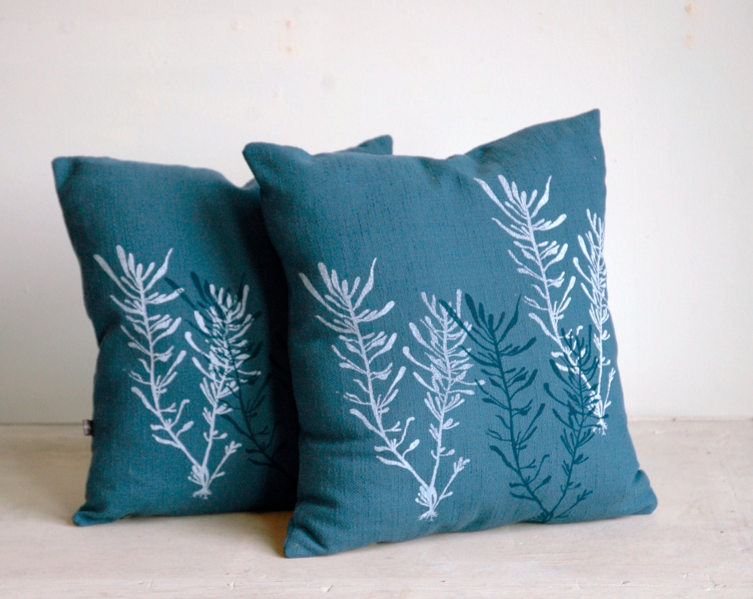 Blue Pillow with Seaweed Print
