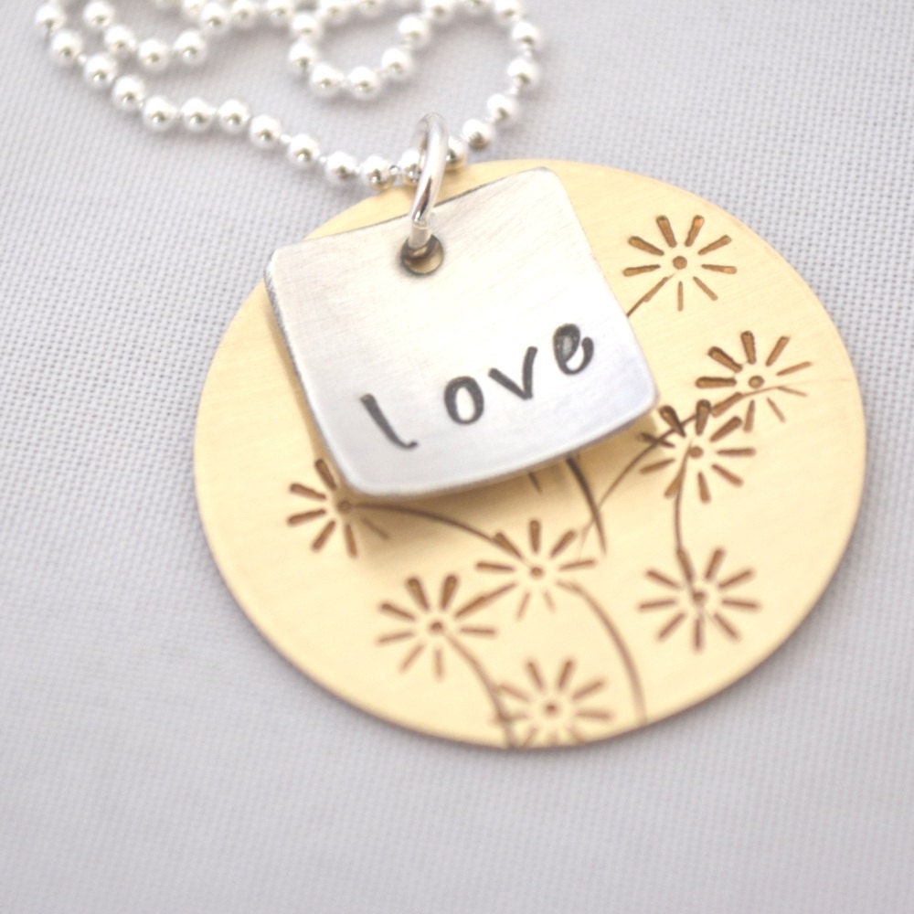 hand stamped personalized two tone sterling silver and brass handstamped necklace FLOWER BOUQUET...