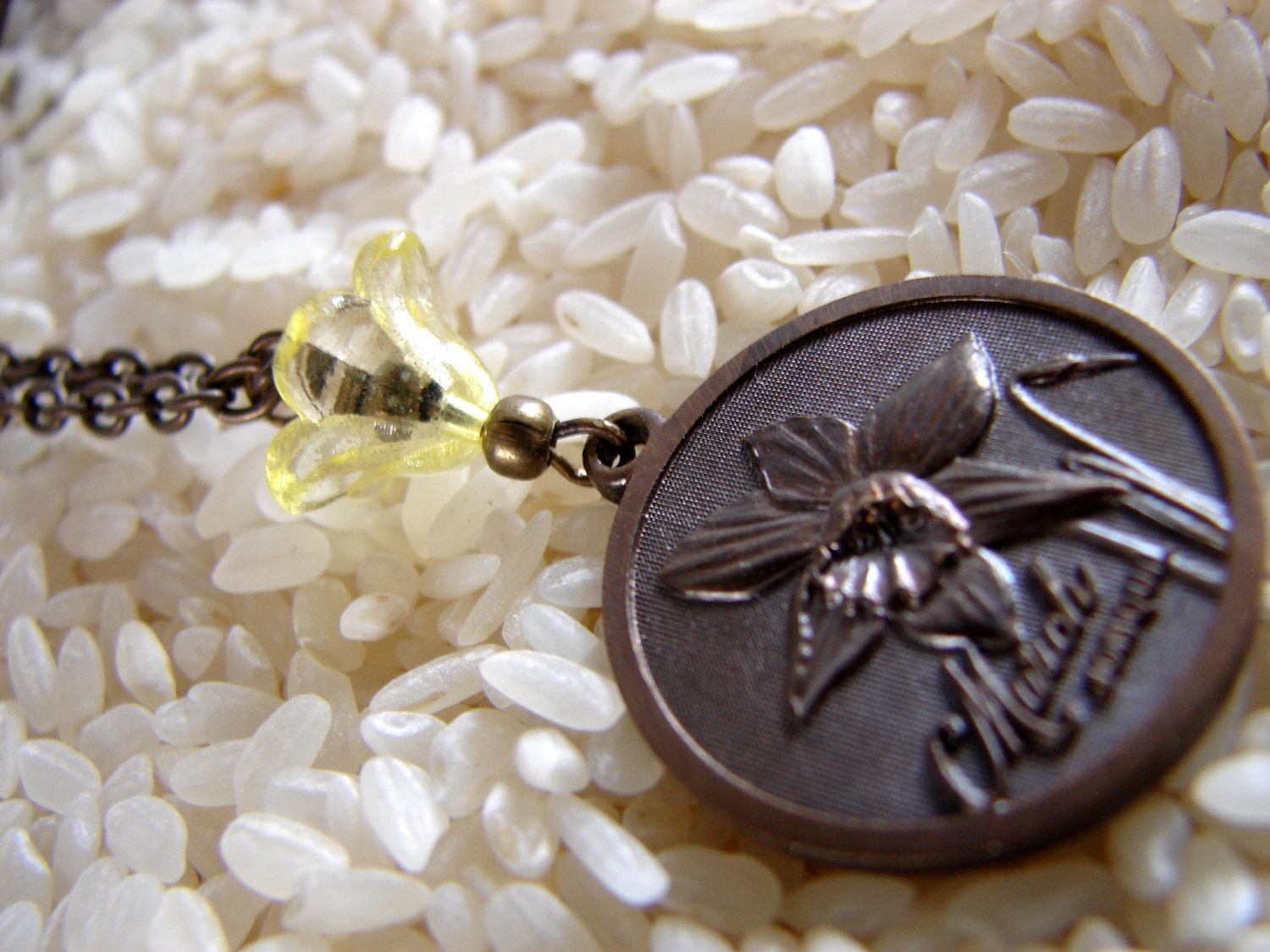 Jonquil, Daffodil Month Of March Copper Charm Neclace Princess Length with Brass Chain