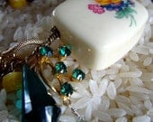 OOAK Vintage Charm Bracelet with Sappire, Green Pearls, Vintage Yellow Glass and Turquoise Beads