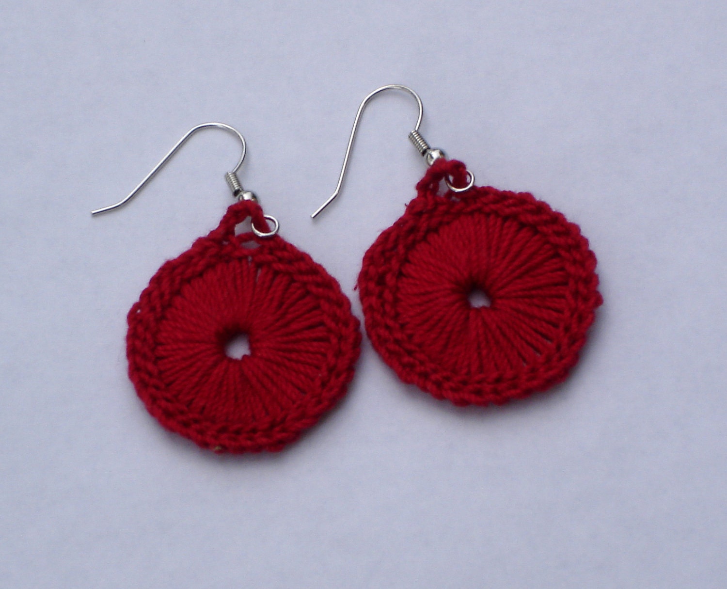 Crocheted Sunburst Medallion Earrings--Red
