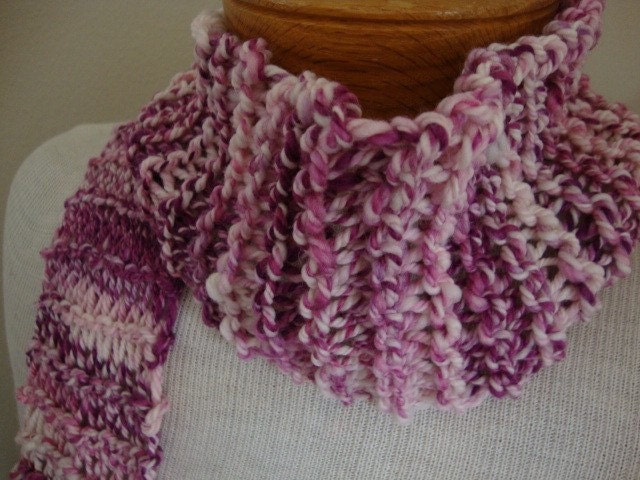 Hand knit wool scarf, pink purple magenta white, thick and chunky, bulky feel super soft