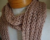 Extra Long hand knit Skinny Scarf, cotton wool blend, light and lacey coffee with cream color