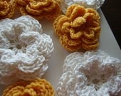 Crocheted Flower Appliques, wholesale listing, lot of 10, white and golden honey yellow colors handmade from wool and cotton yarn