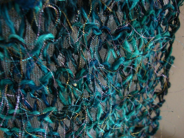 Deep Lagoon Blue handknit scarf, jewel tone stripes with metallic sparkle eyelash bling March Aquamarine Birthstone