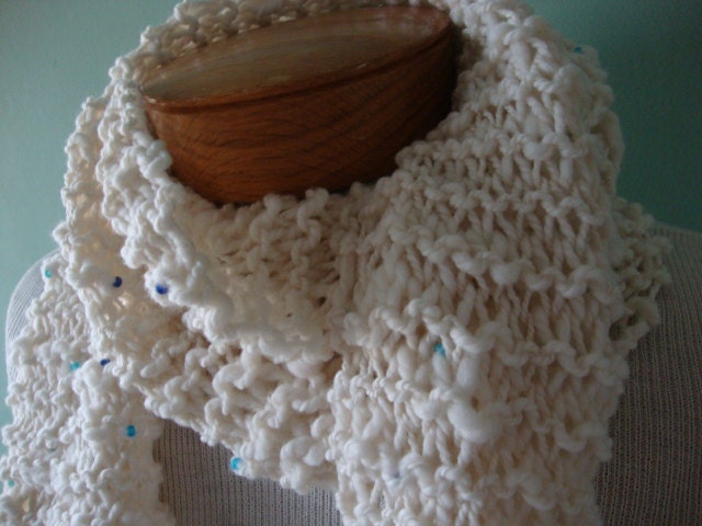 Snow White handknit scarf, handspun merino wool with blue glass beads