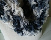 Mobius twist scarf, crocheted cowl, cotton chenille caterpillar yarn, Black and White zebra newspaper