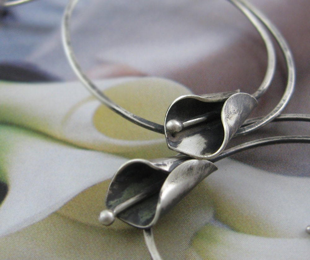 Black calla lily hoop earrings - oxidized sterling silver, modern hoops, hand shaped calla lily, wearthou original design - wearthou