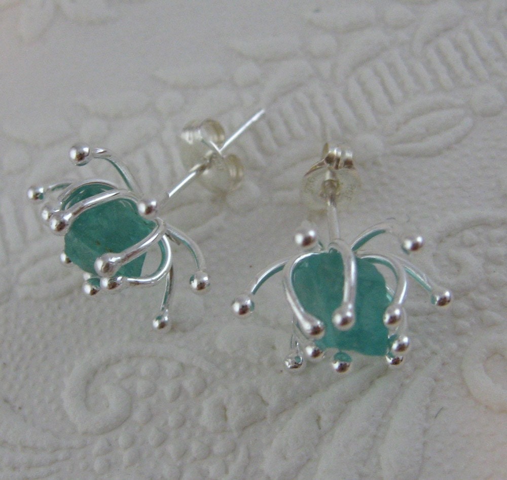 Rough apatite sea anemone stud earrings, raw gemstone, gorgeous watery-blue, OOAK