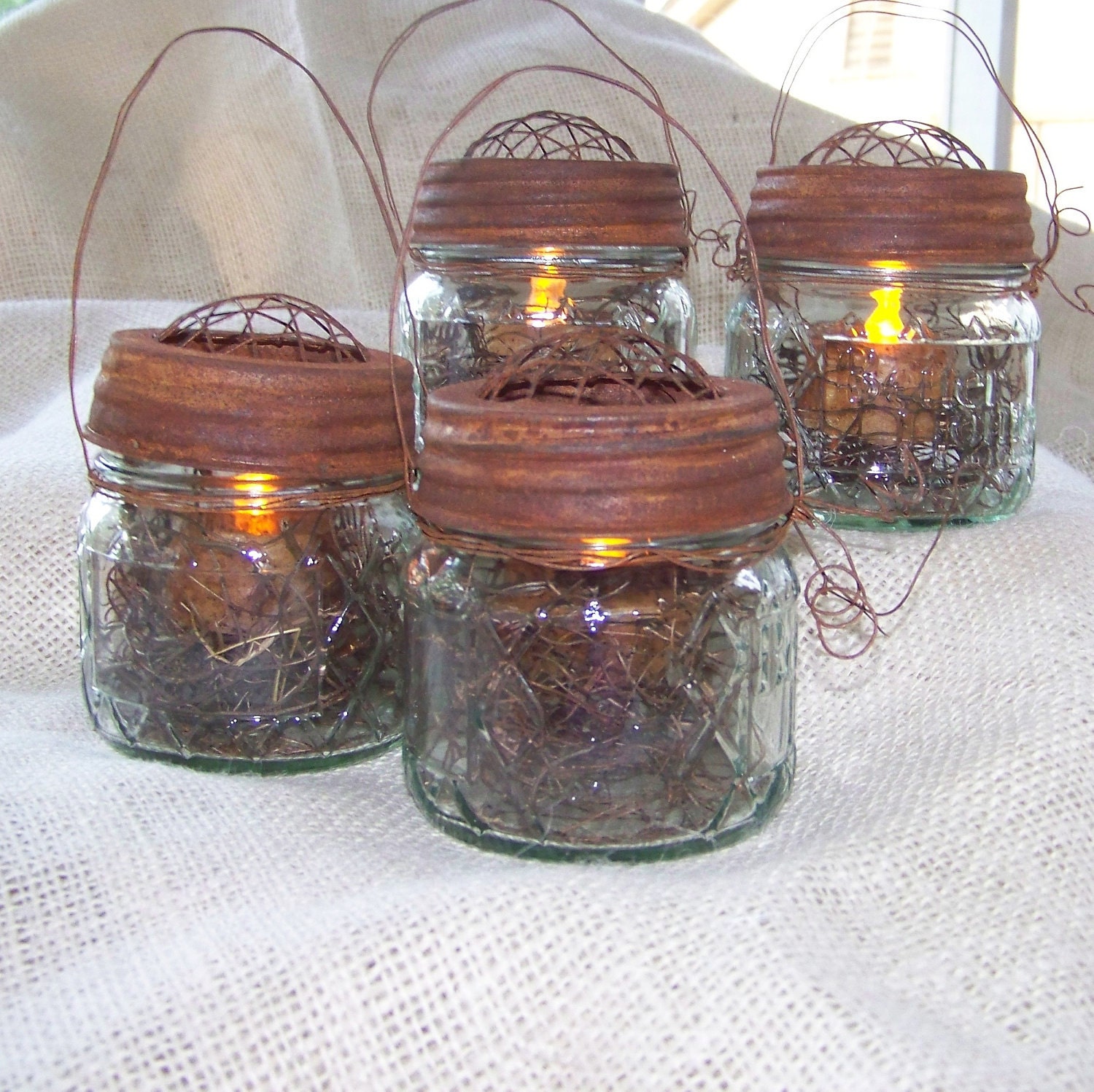 4 Rustic Mason Jar Lights-Wedding Hanging Jar Tea Lights with Rusty Lids and Handle