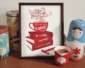 Tea and Books CS Lewis quotation illustration print - red