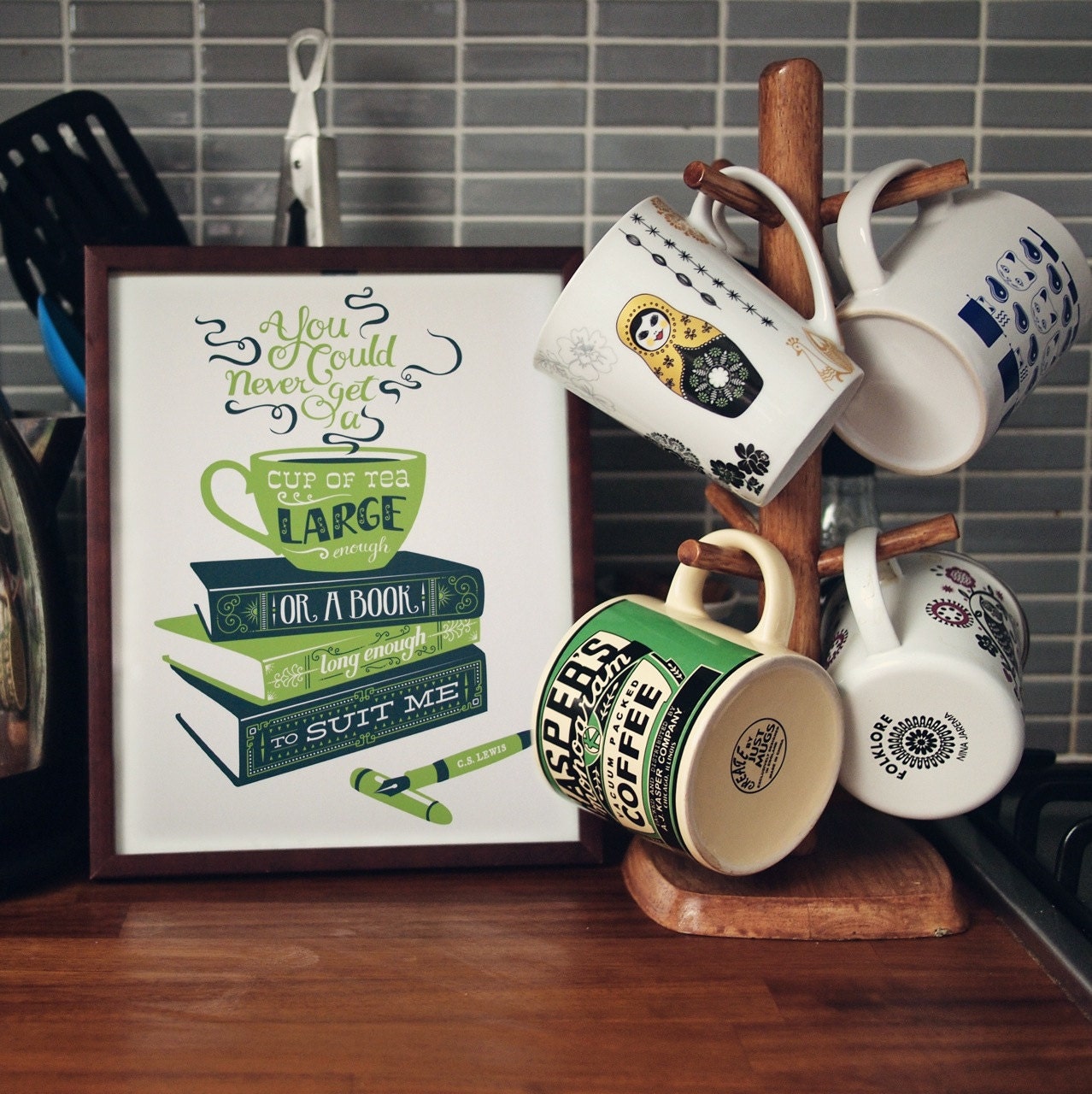 Tea and Books CS Lewis quotation illustration print - green and blue