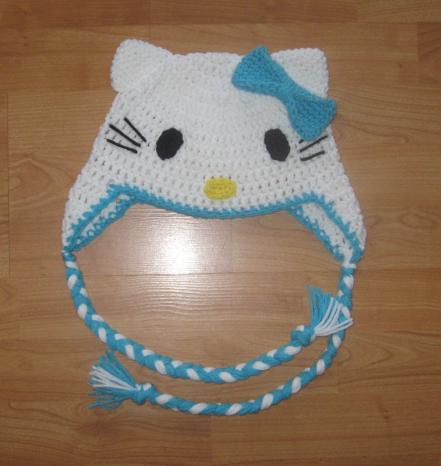 Hello Kitty Ear Flap Hat - Turquoise Blue - Newborn to Adult Sizes