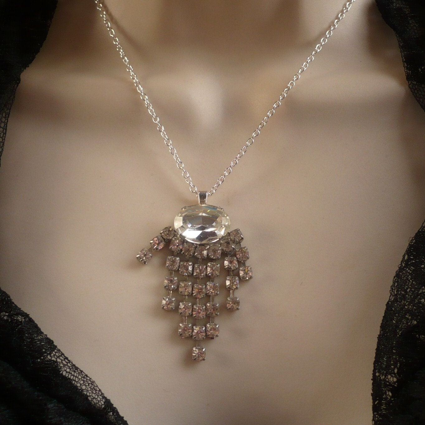 Rhinestone Pendant Necklace Sterling Silver