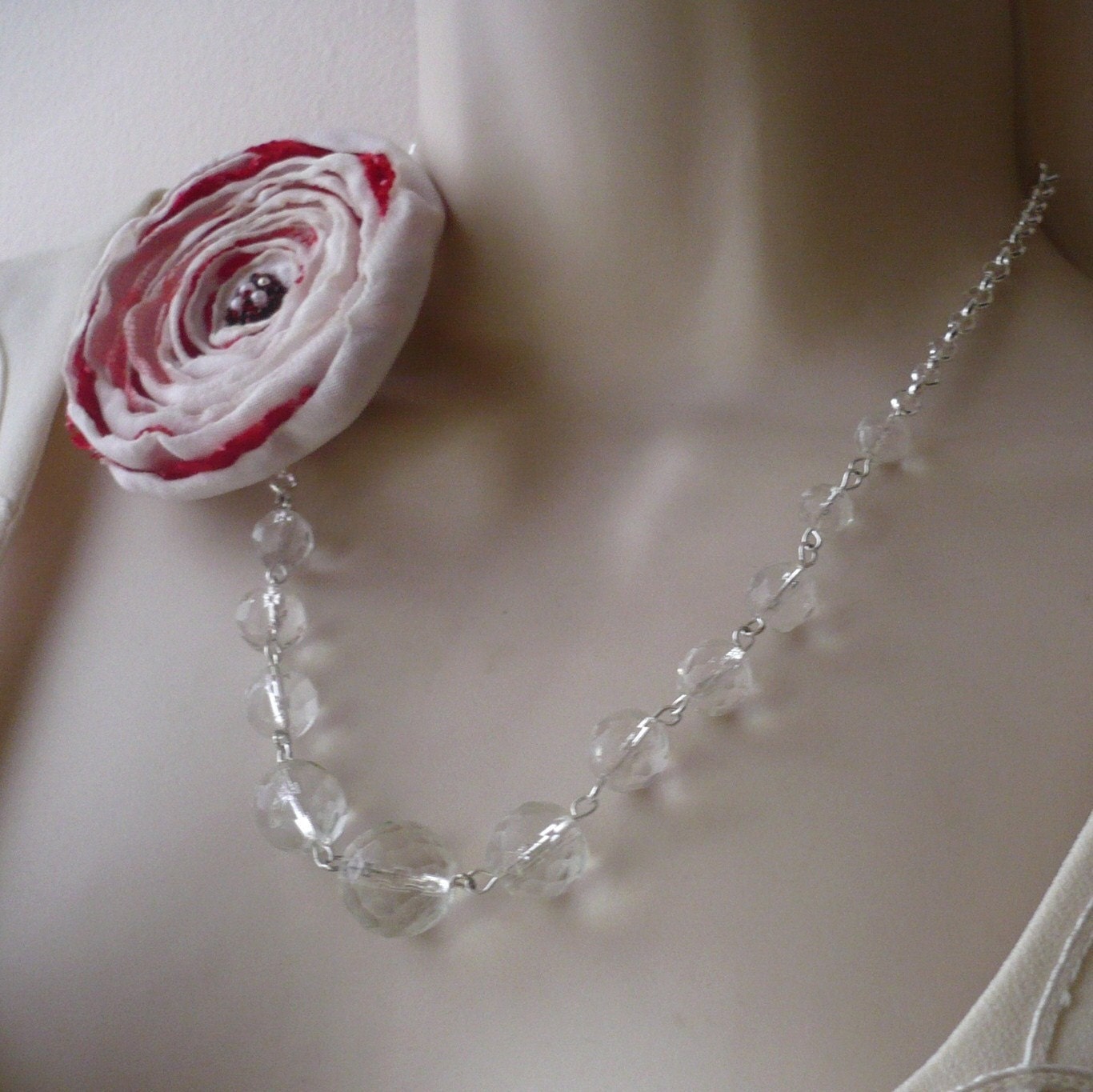 Ivory Satin And Red Lace Blossom Necklace