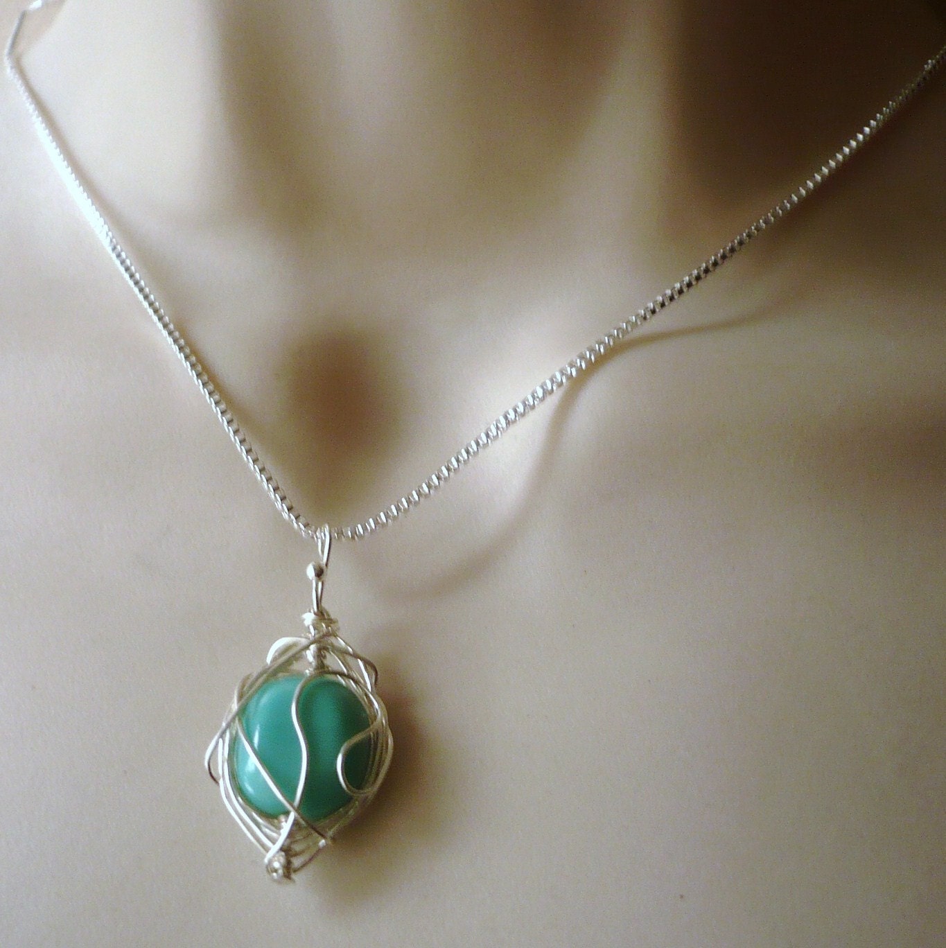Hand Sculptured Opaque Green Glass Pendant Sterling 18 ins Silver Chain