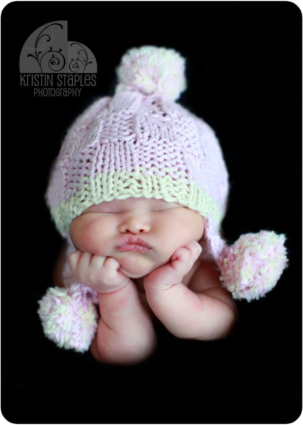 Pink and Cream Knit Earflap Infant Girl Hat With Pom Poms Cute Photo Prop