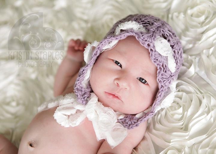 Vintage Lavender Lace Look Crocheted Baby Bonnet with Ribbon