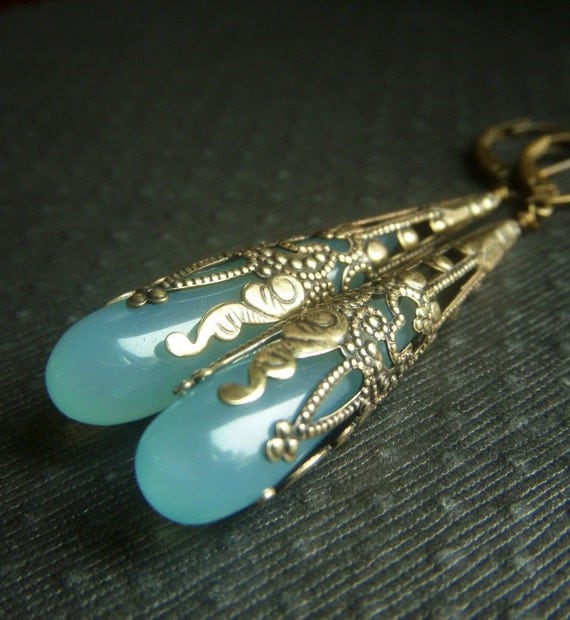 Aqua Chalcedony Earrings on Brass . Long Wirewrapped Briolette Art Nouveau . Summer Rain