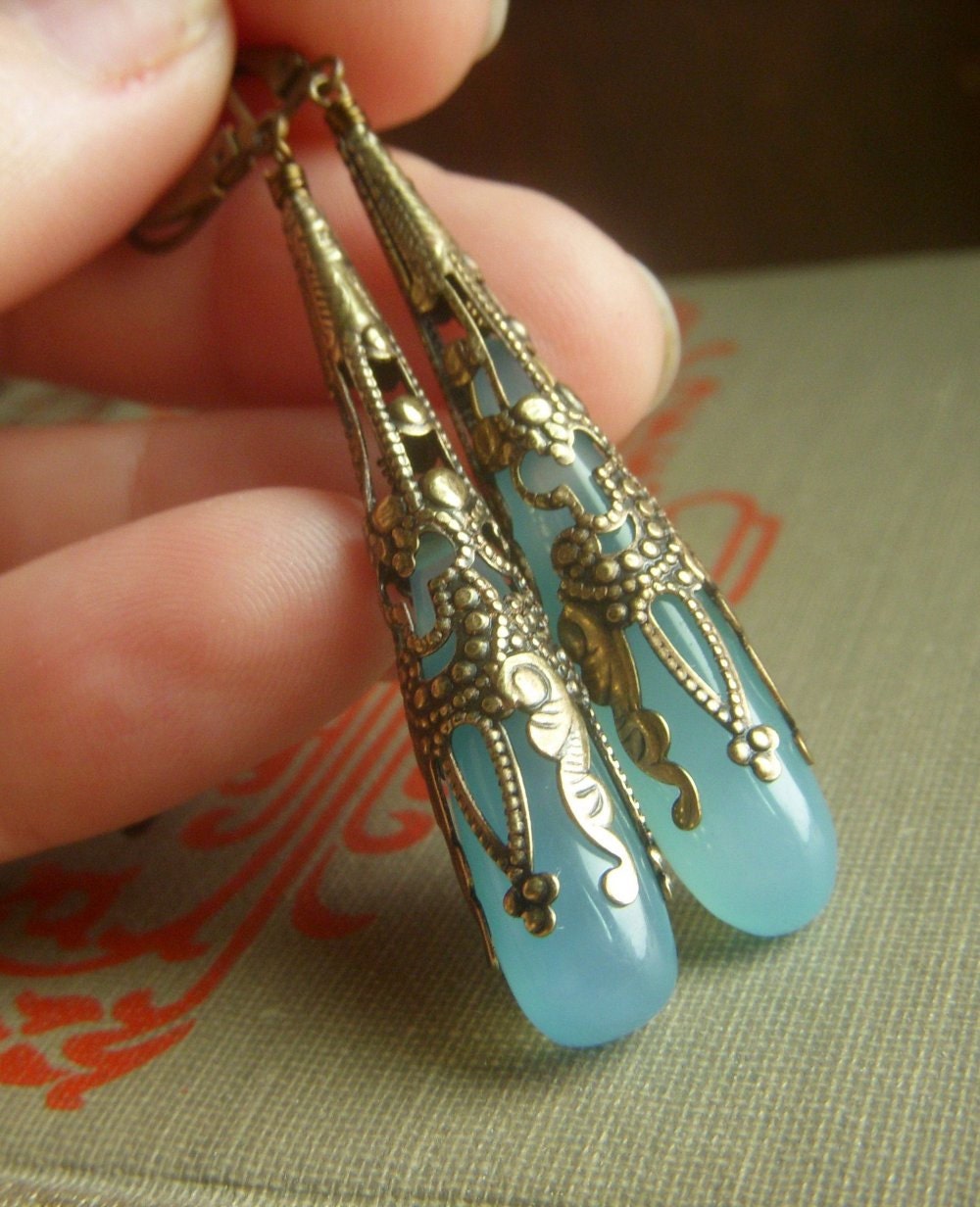 Aqua Chalcedony Earrings on Brass . Long Wirewrapped Briolette Art Nouveau . Summer Rain