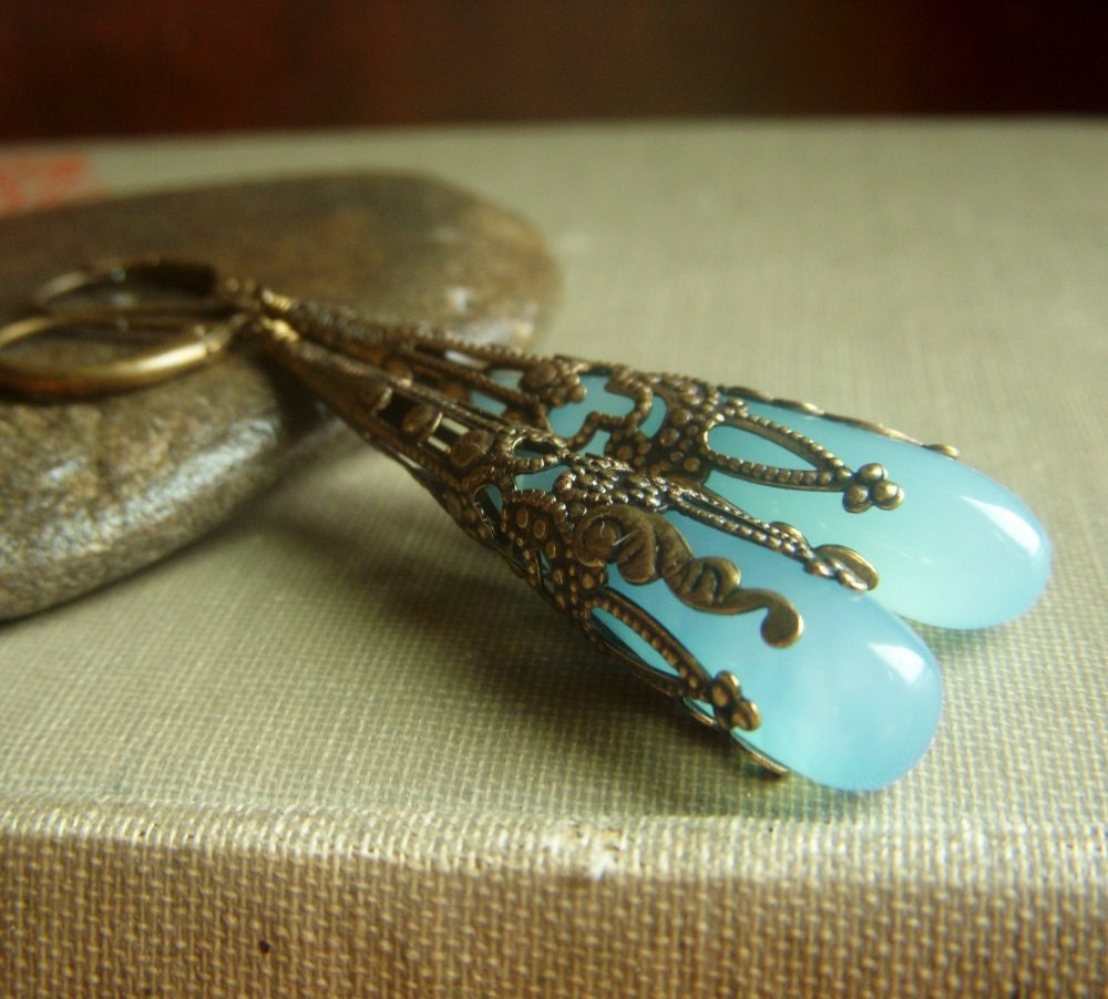 Aqua Chalcedony Earrings on Brass . Long Wirewrapped Briolette Art Nouveau . Summer Rain