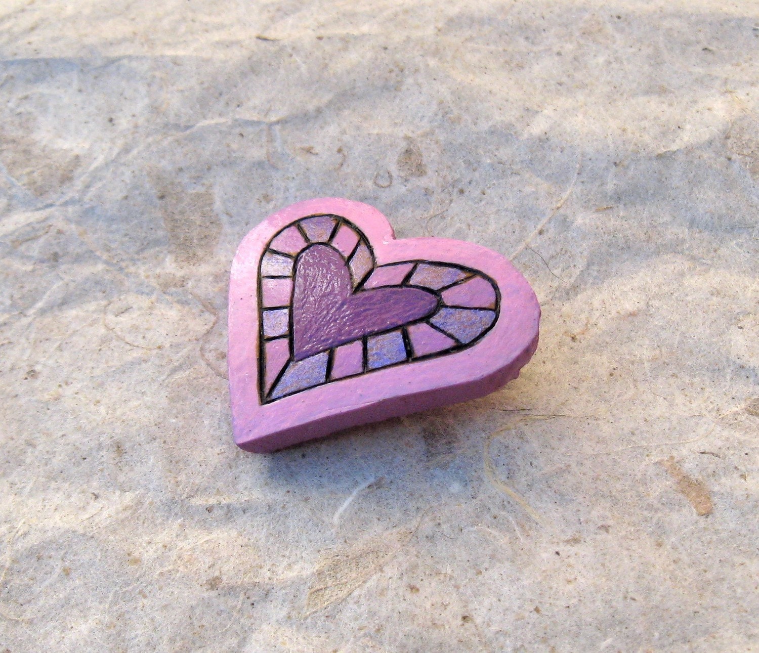 Gourd Heart Pin Brooch Pink Purple Bright Funky Whimsical Fun Woodburned & Painted