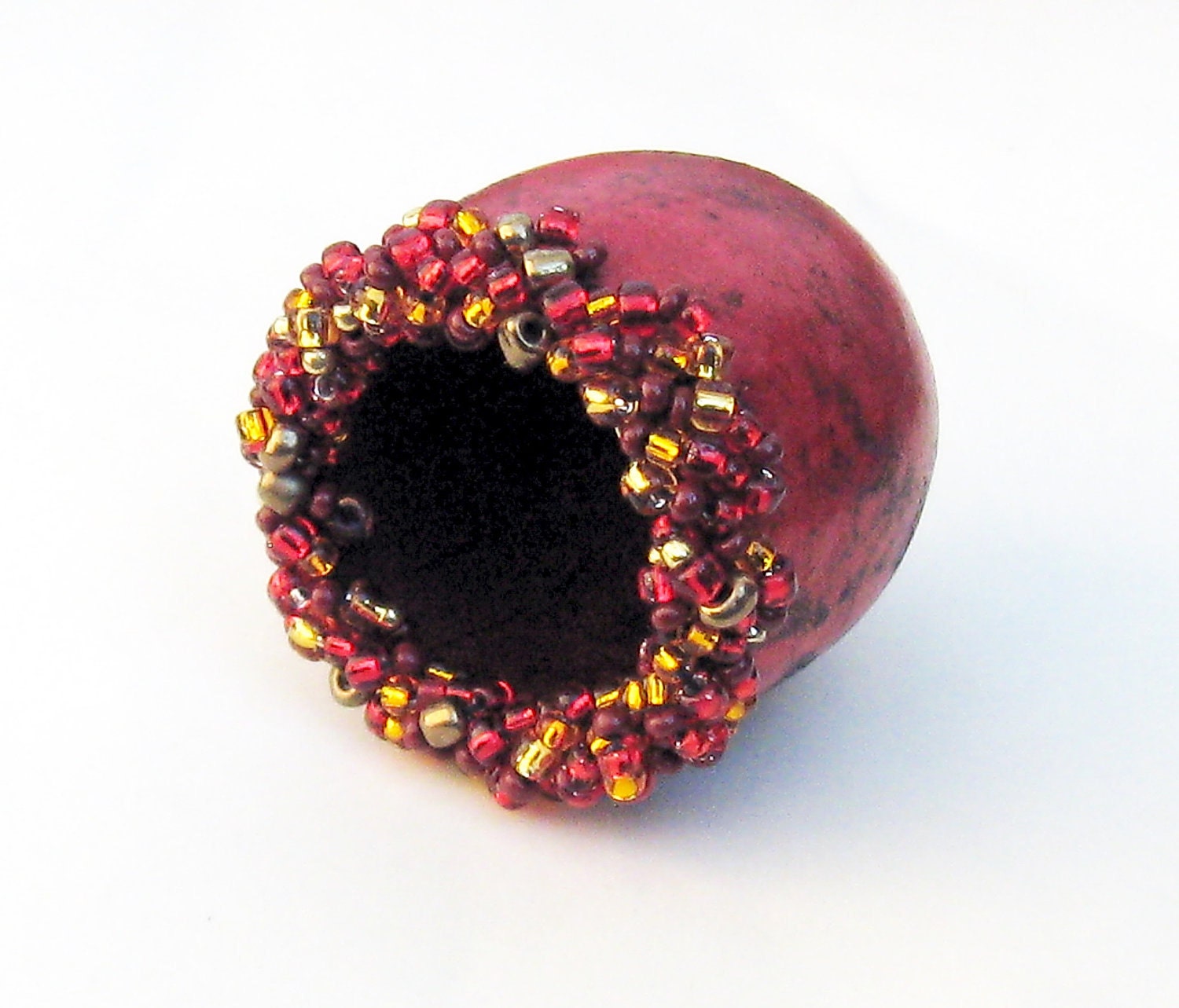 Gourd Beaded Mini Bowl Ruby Red with Red and Gold  Beads - midnightcoiler