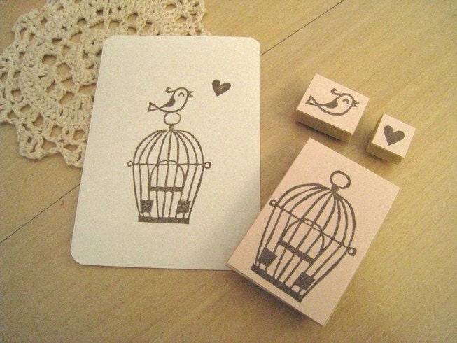 Happy Birdie Out of Birdcage - Set of 3 Handcarved Rubber Stamps
