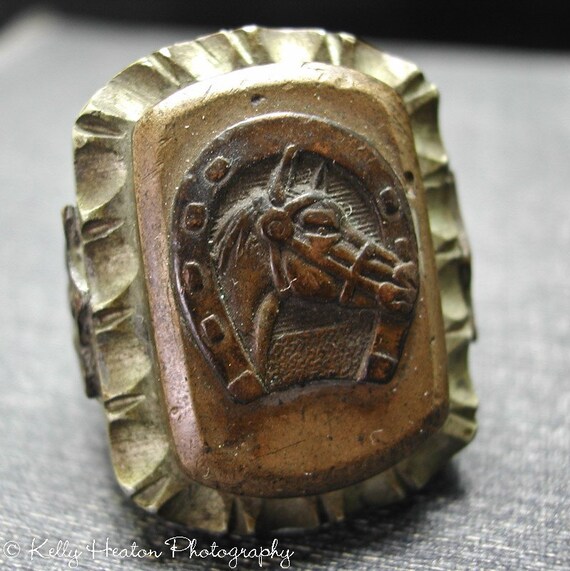 Mens Horse Ring Vintage Horseshoe Copper Brass by Antiques4You