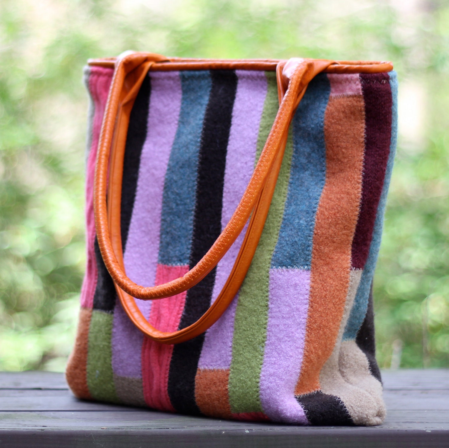 Recycled Sweater Bag - Colorful Patchwork Tote with Recycled Leather Handles