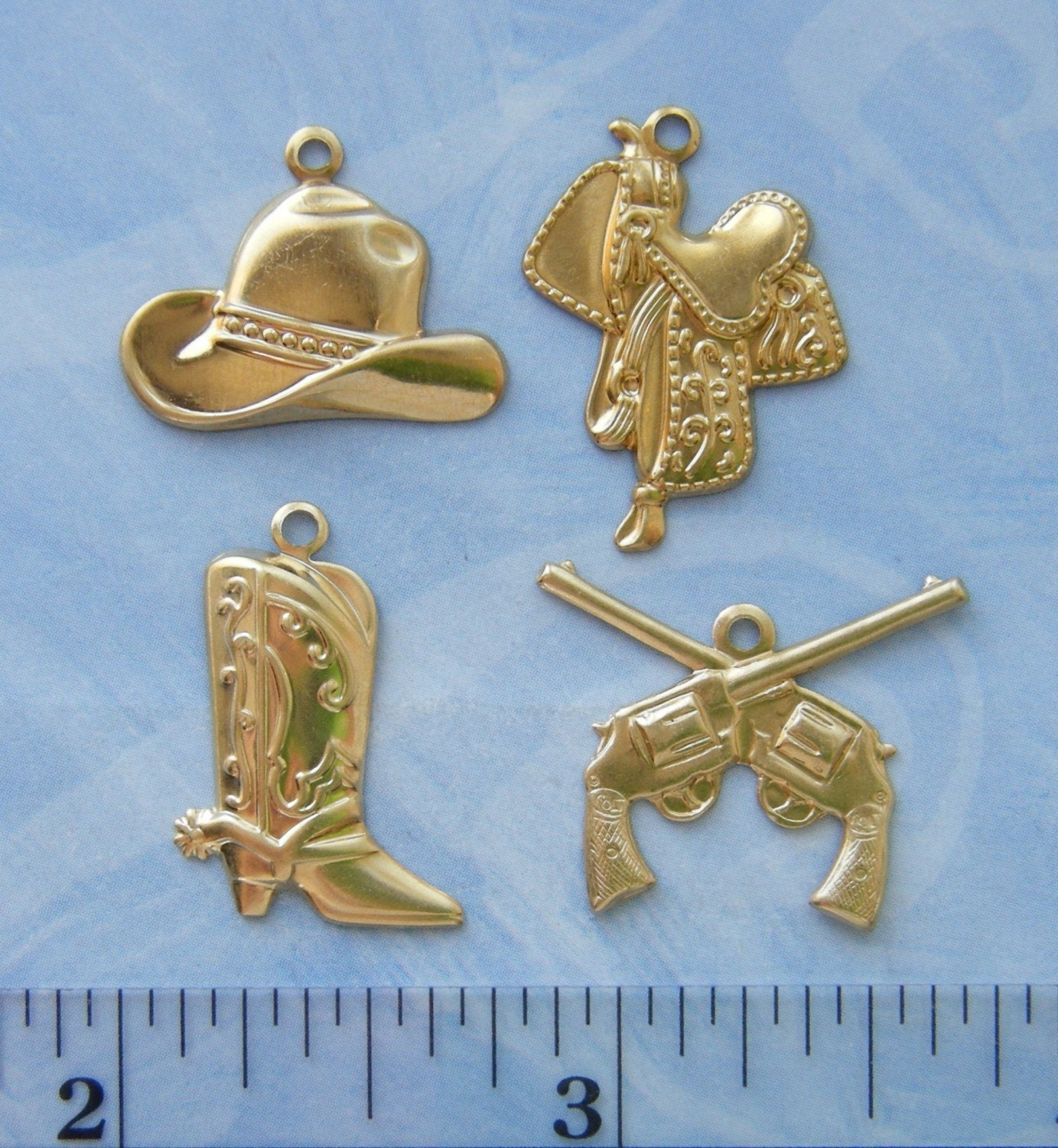 12 Pc Western Theme Brass Charms / Boots, Cowboy Hat, Saddle, Guns