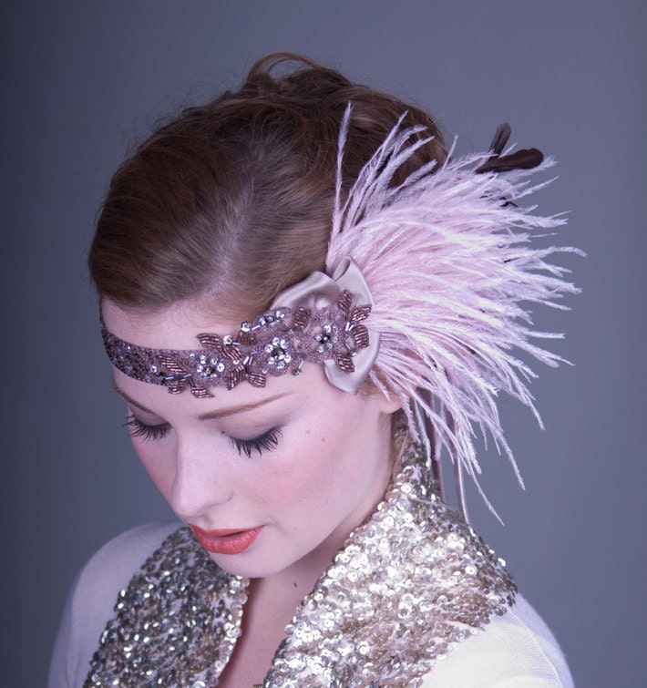 Copper And Champagne Pink Ostrich Feather Flapper Headband
