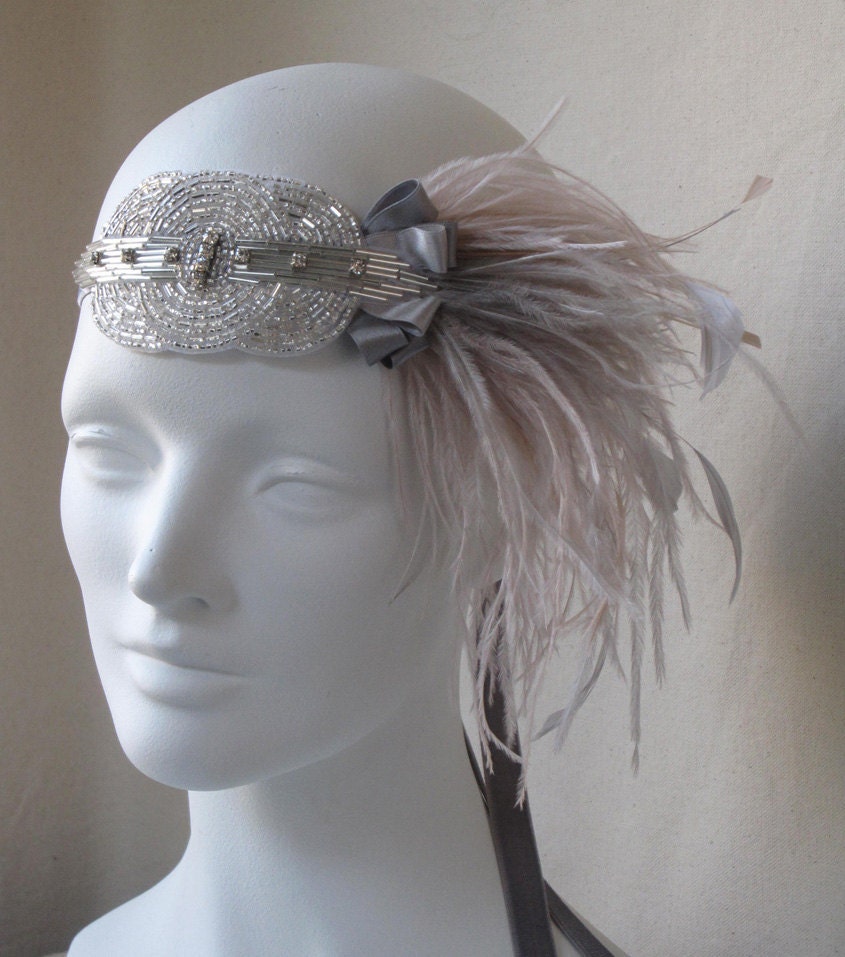 Deco Feather Headband In Shimmering Silver And Champagne Pink