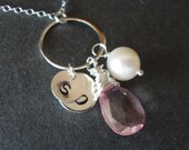 Personalized Necklace Two Initials Mom and Child, Stone of your Preference - All STERLING SILVER- Mom to Be, Lovely Gift,  Monogram Necklac