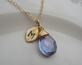 Mystic Quartz Necklace -SOMETHING BLUE- Initial of your Choice- Lovely Gift, Bridal Party, Hand Stamped Leaf by lizix26