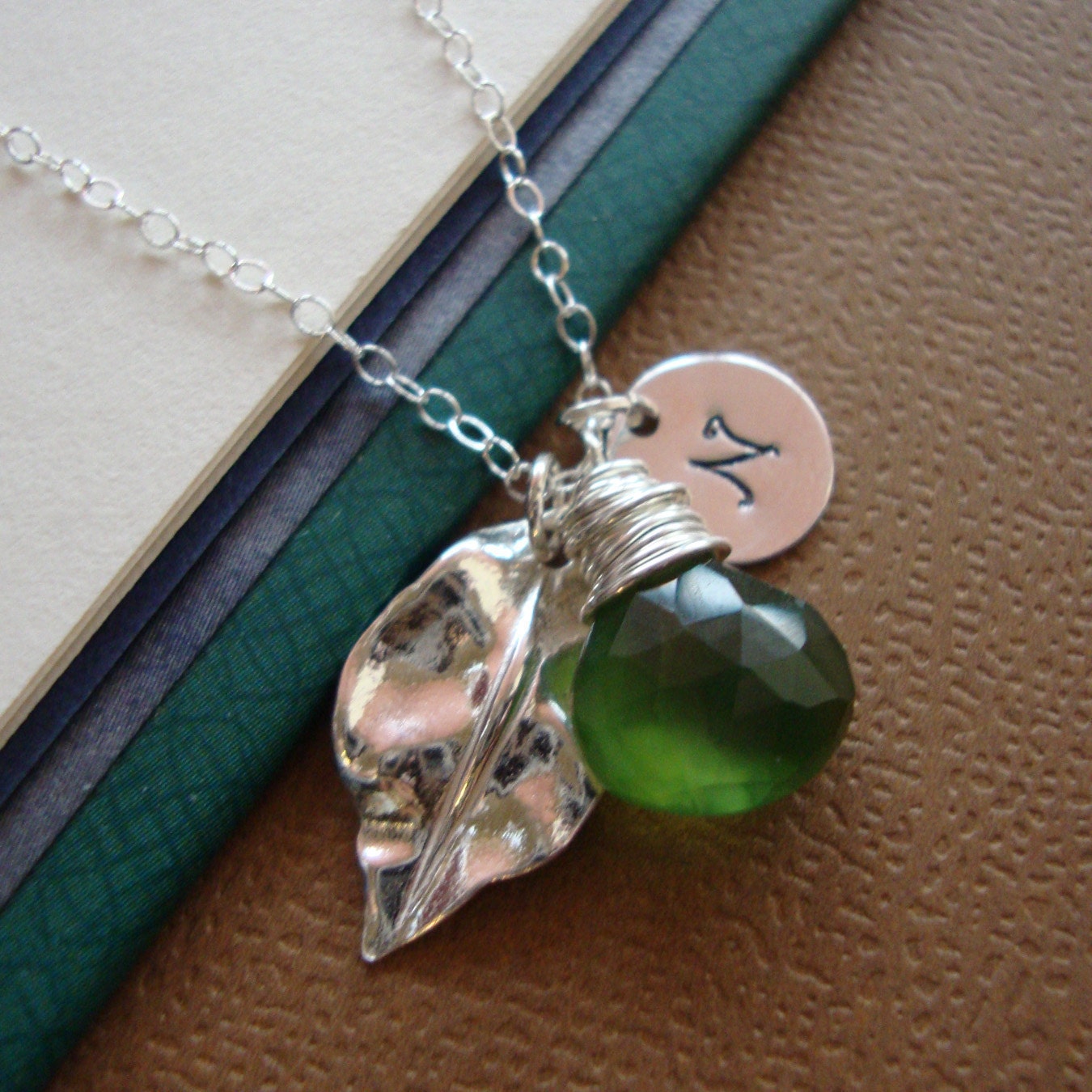 Monogram & Leaf Necklace Hand Stamped Stone of your choice sterling silver bridal party wedding Personalized