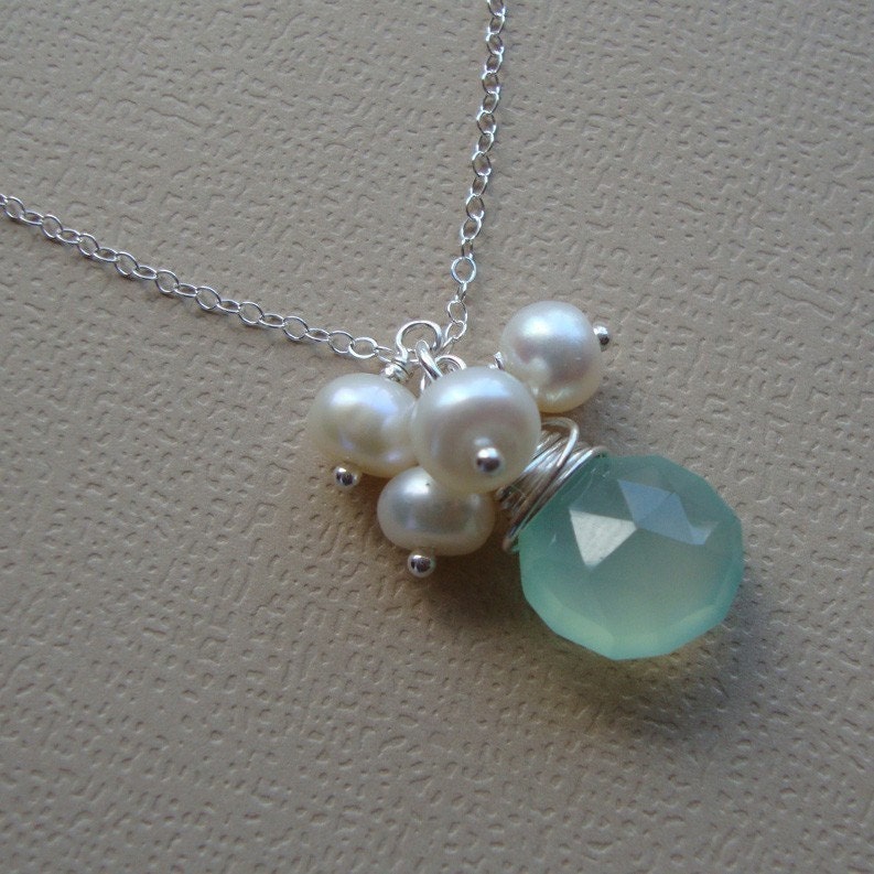 Chalcedony and Pearl cluster Necklace on STERLING SILVER- Bridal Jewelry fresh water pearls  Wedding