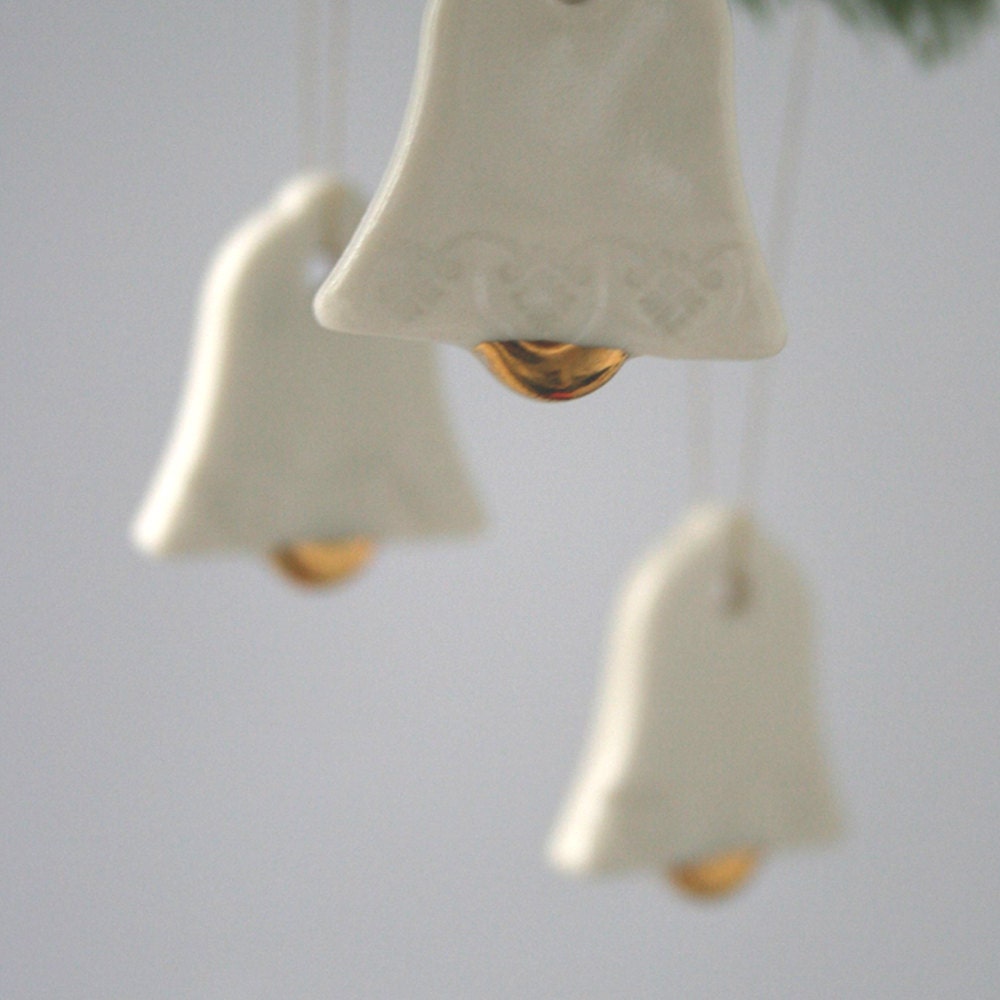Three Little Gold-tipped Porcelain Bell Decorations, Wedding Ornament, Hand Painted Real Gold Lustre