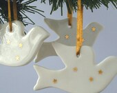 Three Porcelain Christmas Dove Ornaments With Gold Star Decoration