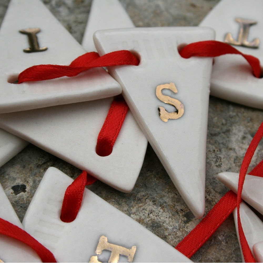 Porcelain Happy Christmas Garland, real gold lustre, red ribbon