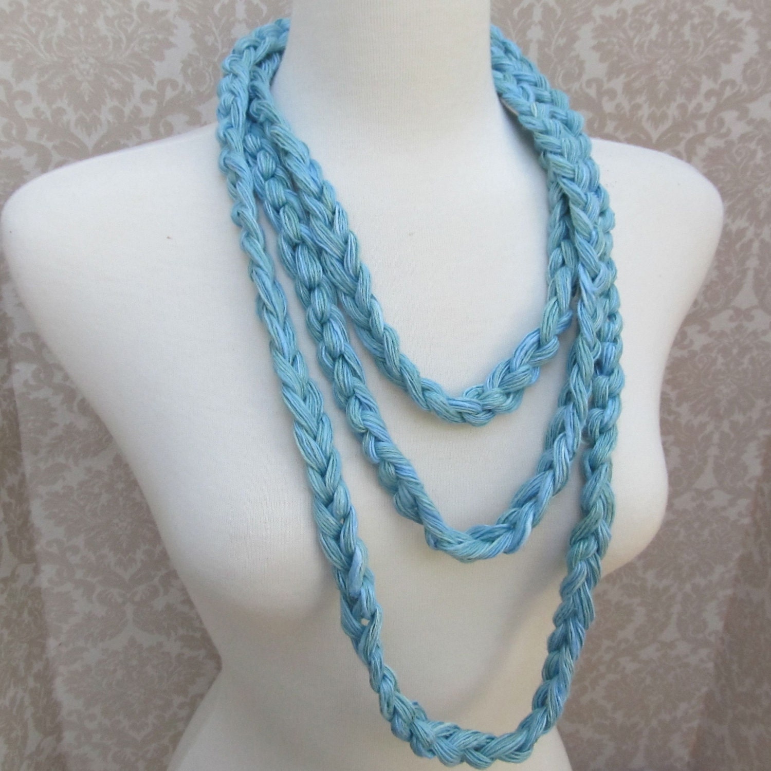 Extra Long Linen Blues Crocheted Yarn Necklace