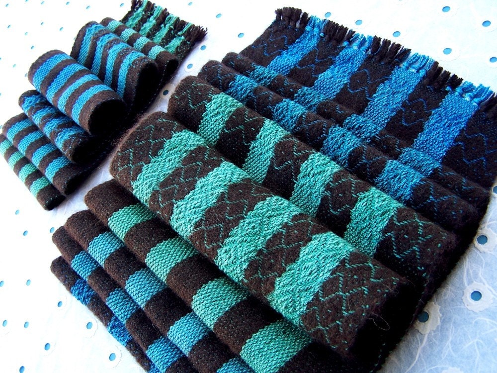 Chocolate Brown Stripes with Teal Green to Turquoise Handwoven Scarf Set