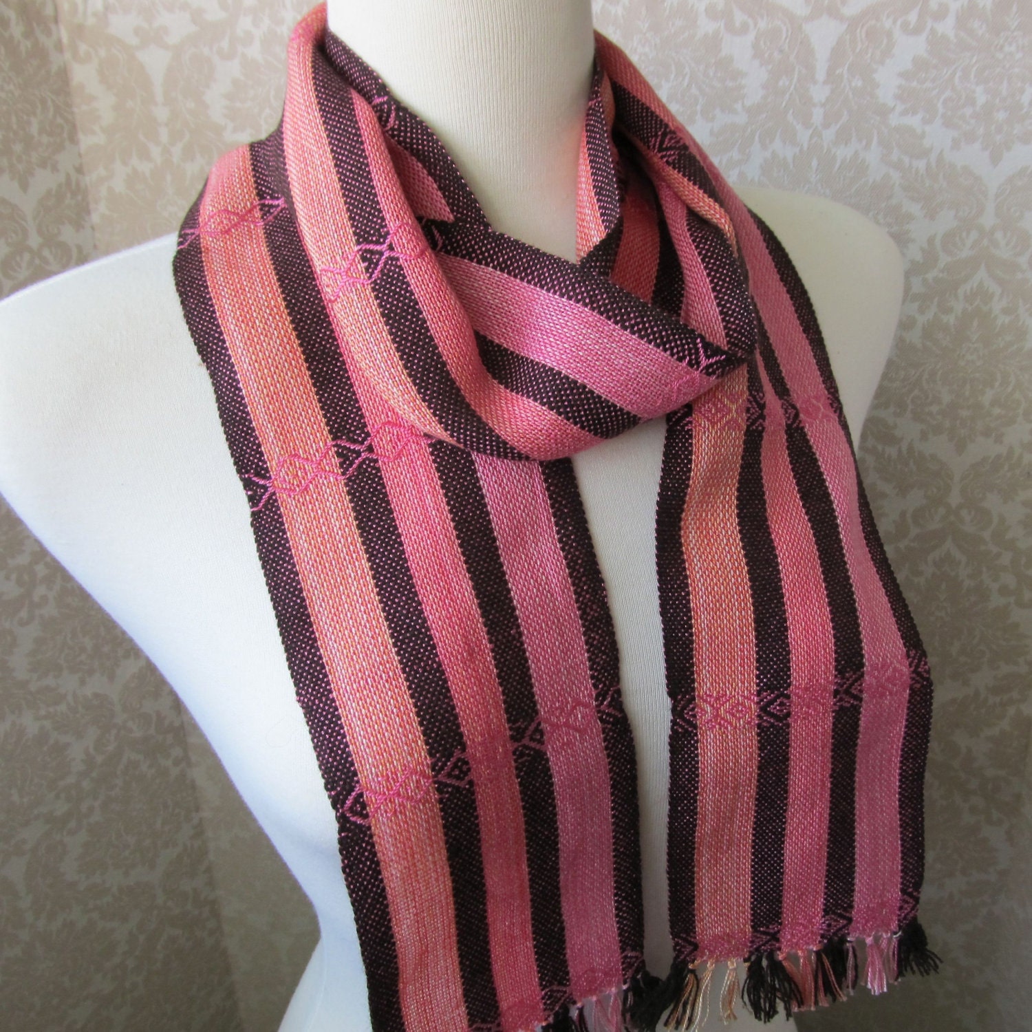 Chocolate Brown and Orange, Pink Stripes Twill Handwoven Scarf