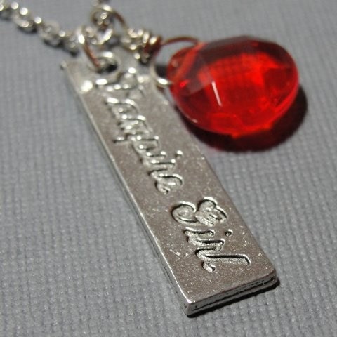 Vampire Girl with Red Jewel Blood Drop Silver Charm Necklace