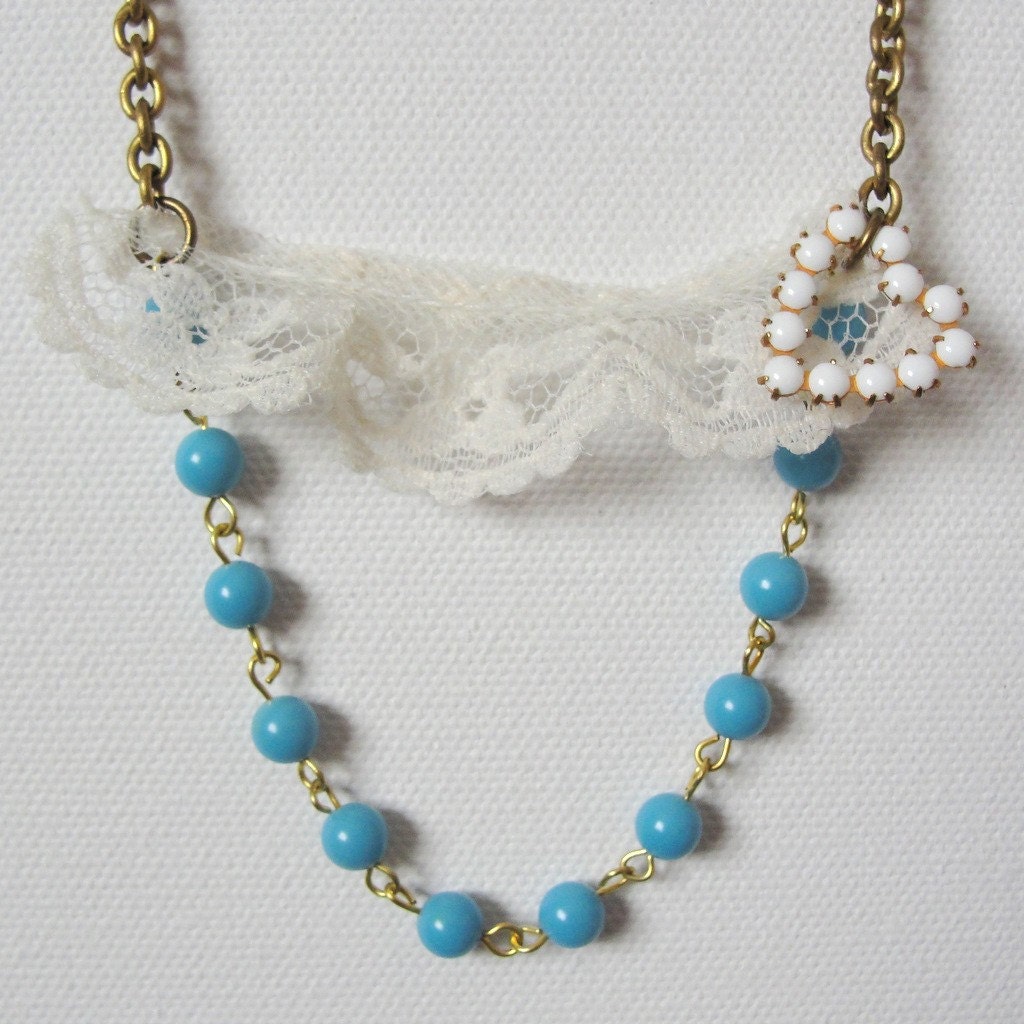 Vintage Lace with Draped Turquoise Beads and Rhinestone Heart Necklace