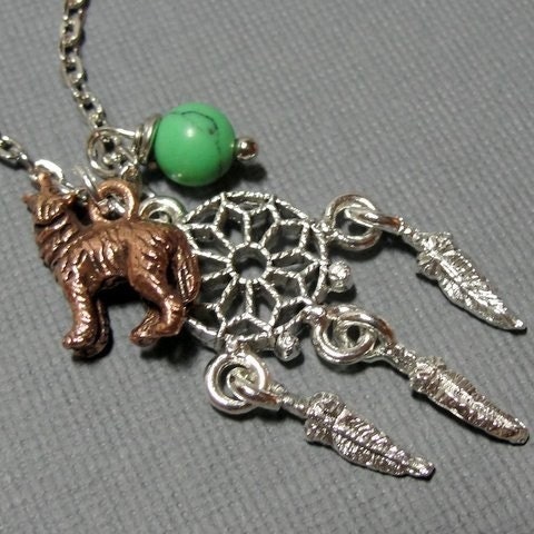 Dainty Dream Catcher Necklace with Wolf Charm and Turquoise Bead