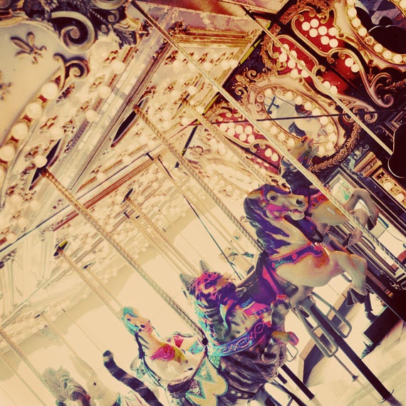 SALE Carousel Photograph, Round and Round, 8x8, Carnival Photo, Peach, Nursery Decor