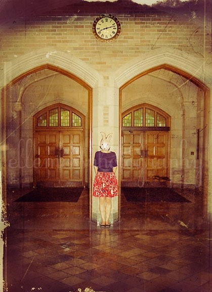Surreal photography, In Between, 5x7 Print, Rabbit Mask Portrait, strange fairytale, brown tones